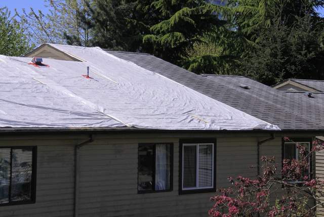 Bâche tendue couvrant la majeure partie du pan de toiture d'une maison
