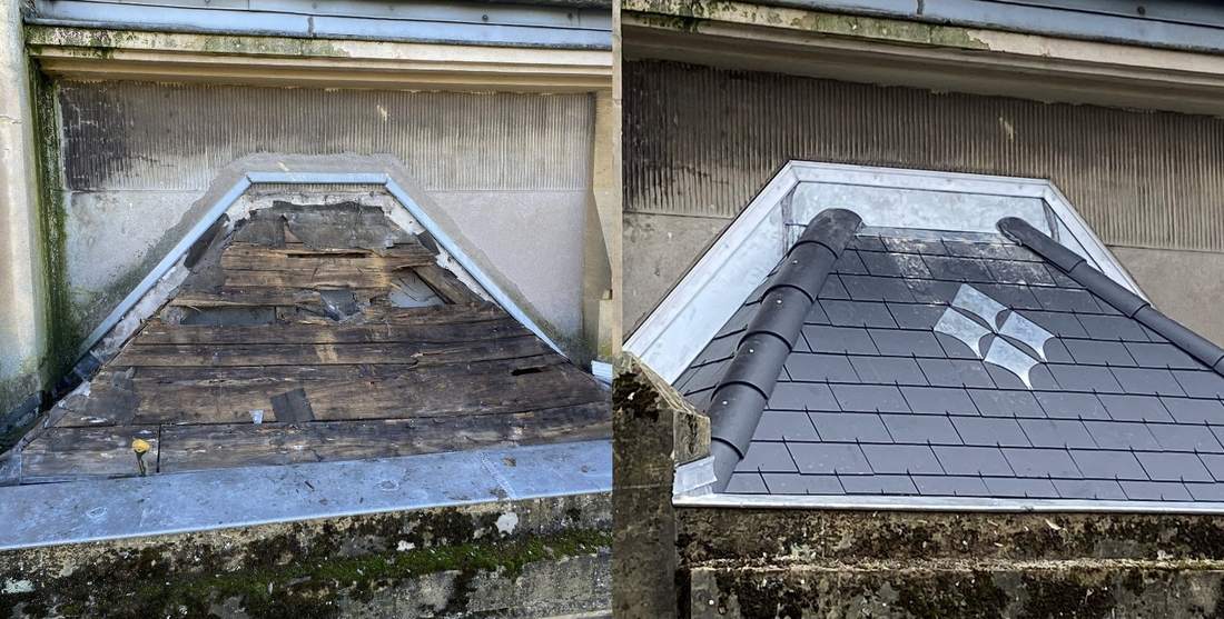 Avant / après de la lucarne d'une chapelle : voliges à nu et dégradées à gauche, même lucarne couverte en ardoise avec motif losange en zinc à droite